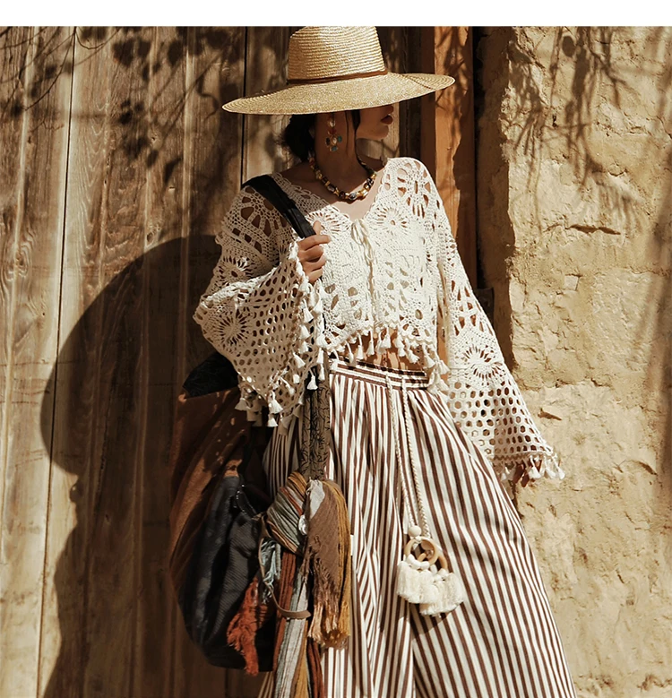 112cm Bust Spring Summer Women Boho Chic Vacation Style Lace Knit Fringe Cardigan Spring and Summer Short Outerwear