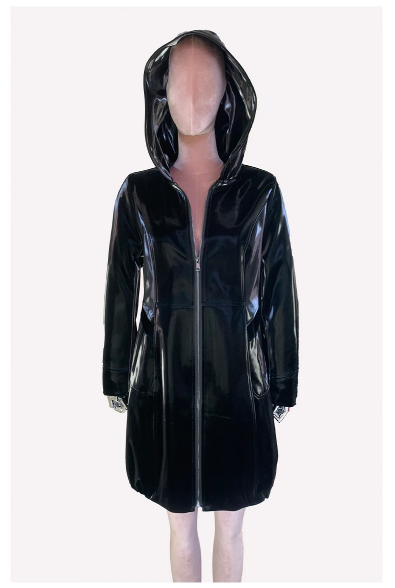Nerazzurri Spring Fitted Waterproof Shiny Reflective Black Patent Faux Leather Jacket Women with Hood Zipper Red Autumn Clothes