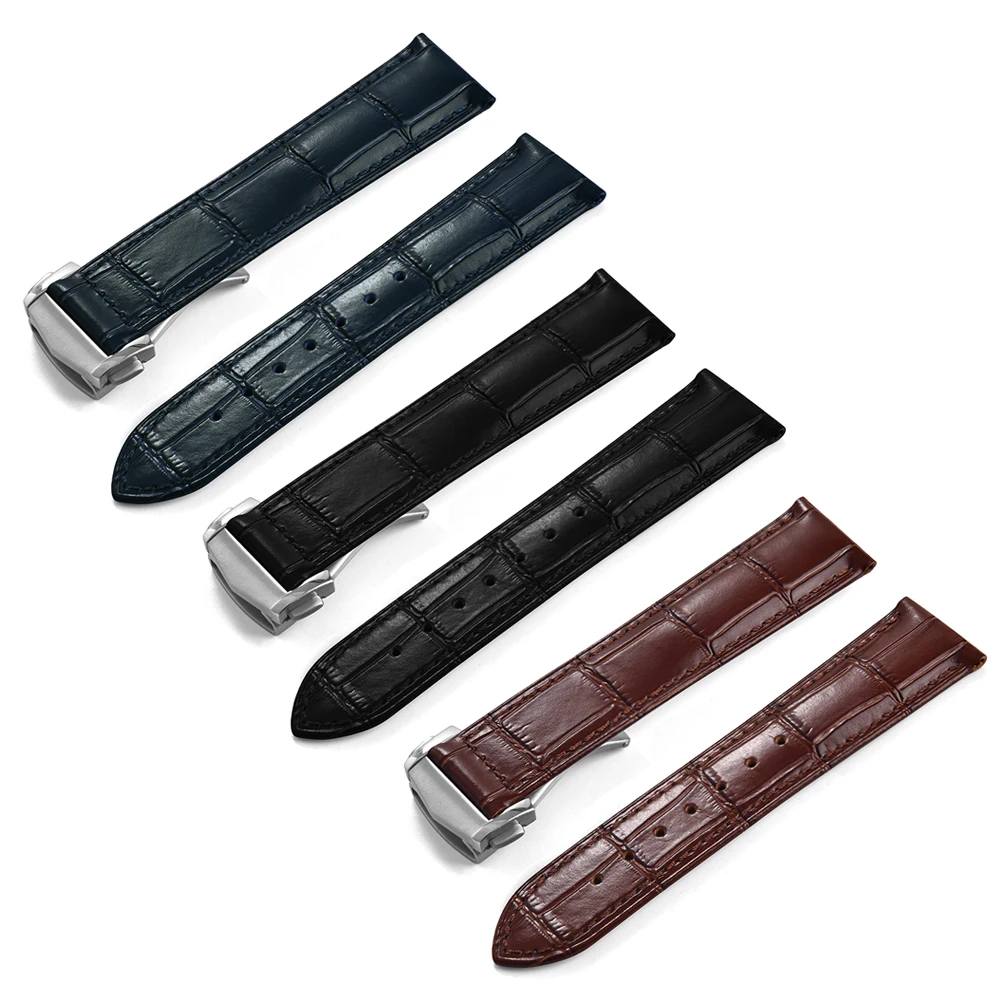 Bracelet de montre en cuir de veau, 19mm, 20mm, 21mm, 22mm, pour Omega 007 Seamaster 300 De ville AT150 Commander, Bracelet à boucle pliante pour hommes