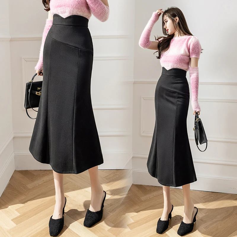 Ladies Elegant Fashion Medium Long Black Skirt Women Clothes Girls Asymmetry Cute Skirts Chic Casual Clothing Py1215-1