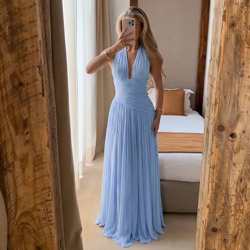 Hugcitar Elegantes Maxikleid mit V-Ausschnitt, gerafftem Rücken, Schnürung, Patchwork-Mesh, sexy Plissee, für Strand, Urlaub und Party – Detail 14