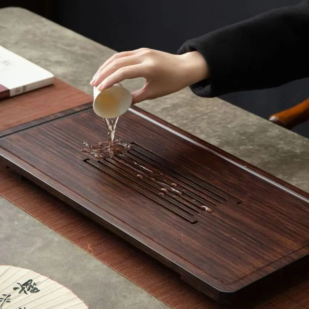 Kung Fu Tea Accessory Walnut Tone Bamboo Tea Tray Rectangular Hollow Slit Drainage Board With Detachable Water Storage Tray