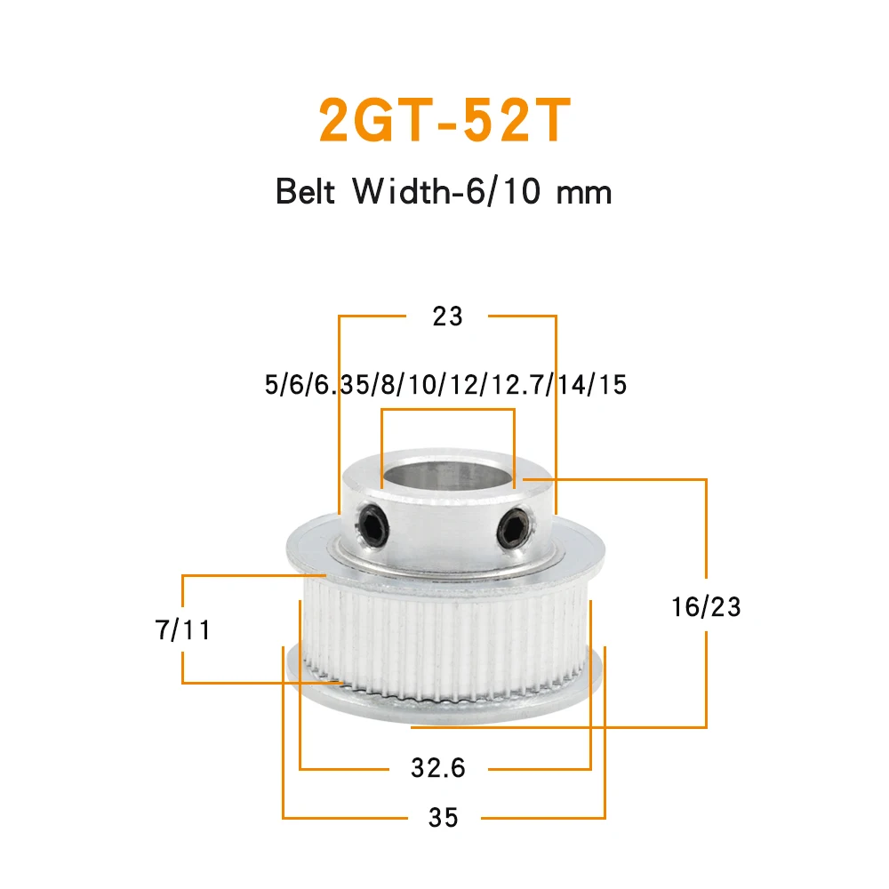 2GT-52T Aluminum Pulley Bore Size 5/6/6.35/8/10/12/12.7/14/15 mm Motor Pulley Teeth Pitch 2 mm Belt Width 6/10mm For 3D Printers