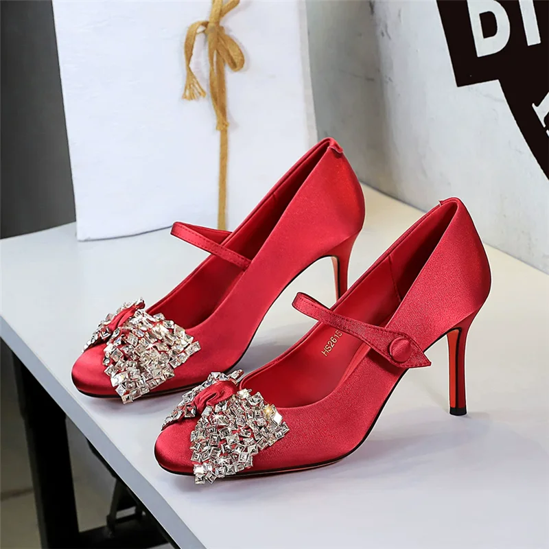 Spring New Round Head Shallow Mouth Silk with Water Diamond Bow Fine Heels for Banquet Dress High Heels Women's Shoes