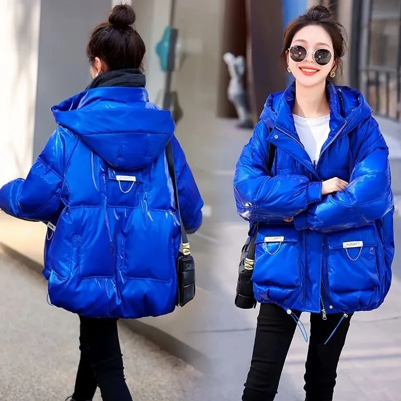 

Glossy Womens Jackets 2023 New Parkas Hooded Warm Loose Down Cotton Coat Female Thicken Short Winter Jackets Casual Outwear