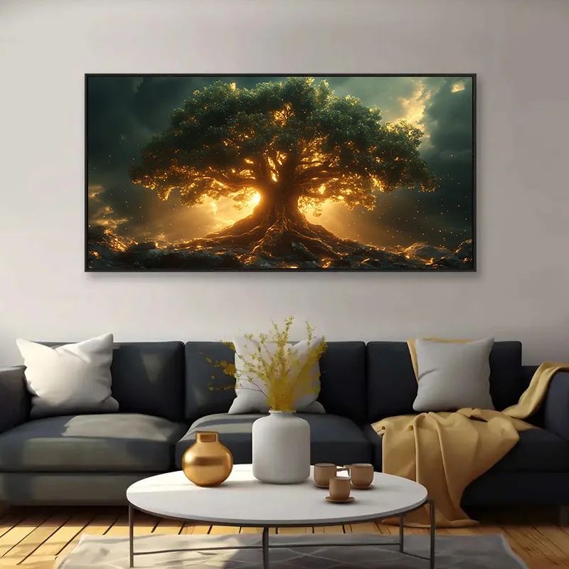 1pc frameless Canvas Painting 1pc Frameless Modern Abstract Tree Canvas Wall Art Luminous Golden Light, High-Quality Print, for