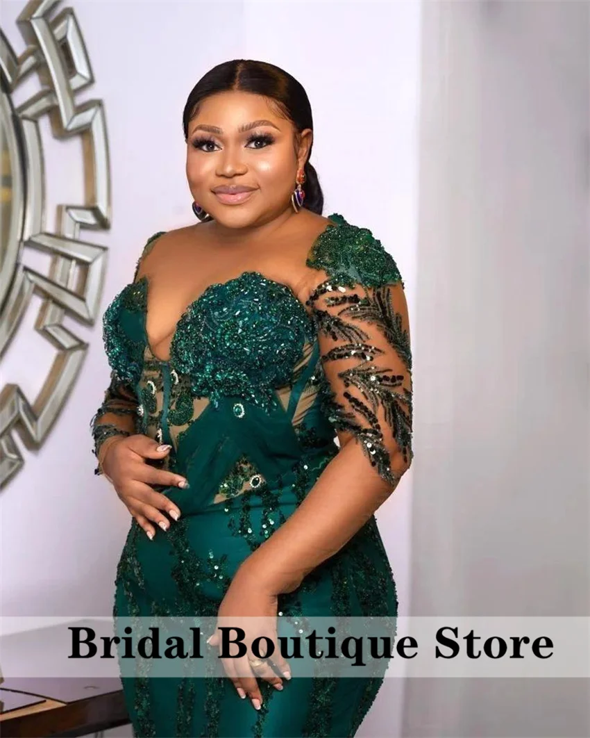 Plus Size Arabic Aso Ebi Green Prom Dresses Lace Beaded Crystals Evening Formal Party Second Reception Birthday Dress Customized