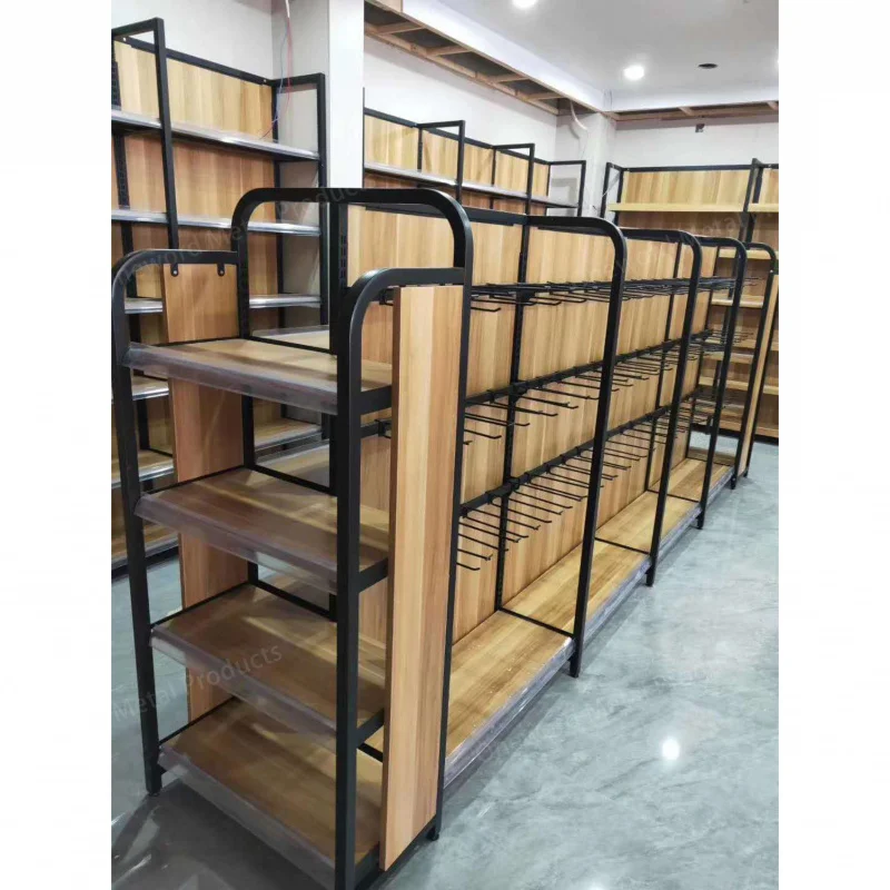

custom.Supermarket Racks Wooden Shelves Convenience Store Supplies Display Steel and Wood Shelf Gondola