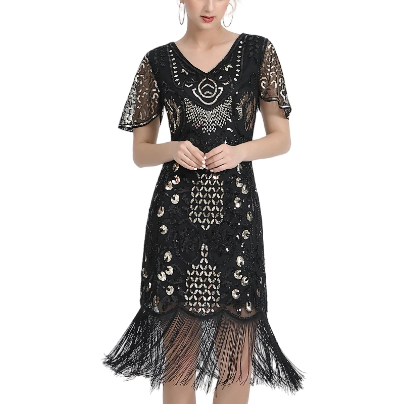 Women Sequin Beaded Art Deco Flapper Dress 1920s Great Gatsby Cocktail Dress V-Neck Petal Sleeve Embroidery Midi Dress