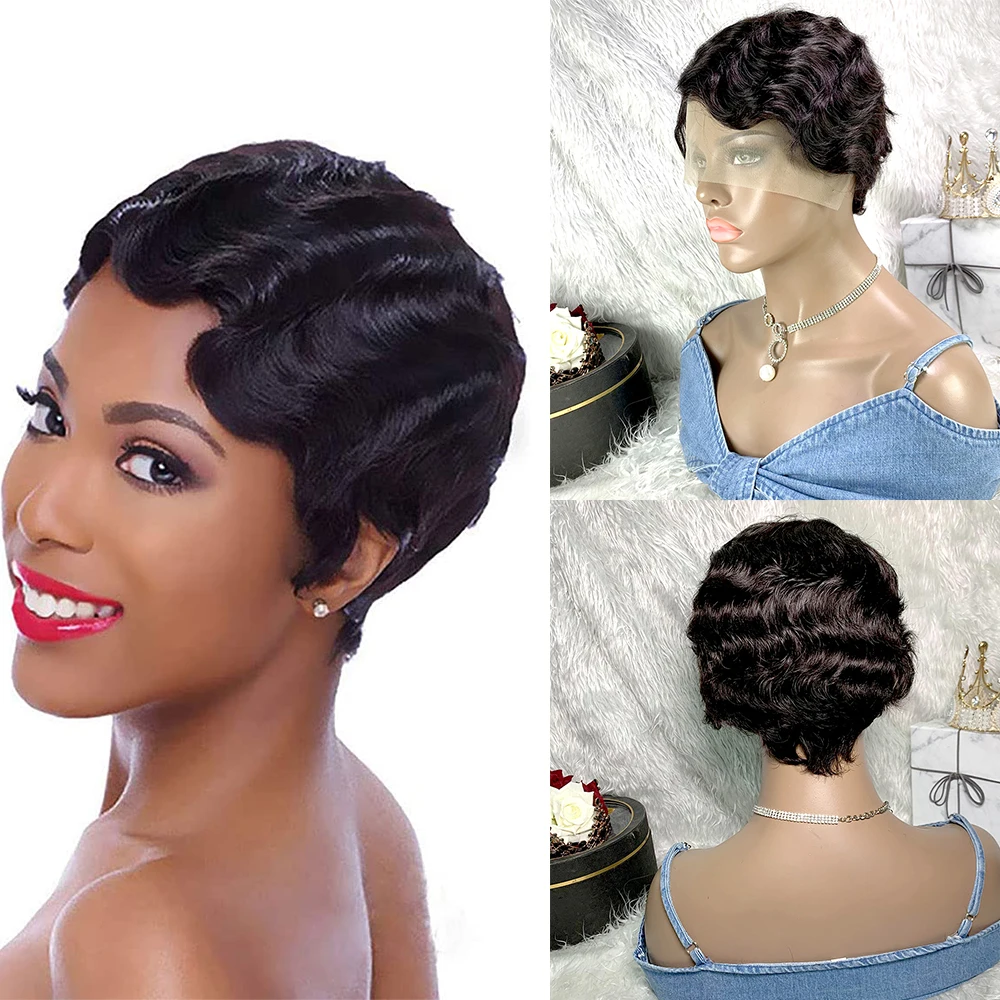 

Human Hair Short Finger Wave Lace Curly Wigs Janet Collection Pixie Cut Wig with Bangs Lace Frontal Wig for Women Human Hair Wig