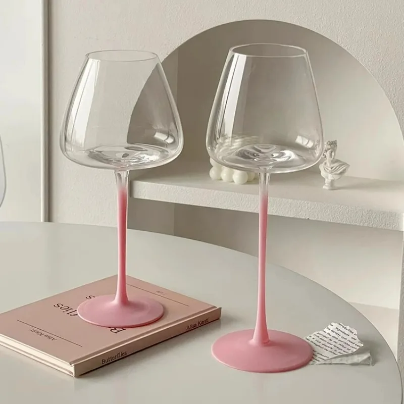 French Style Glass Goblet Pink Stem Concave Bottom Red Wine Glasses Cup Light Luxury Glass Cup Champagne Glasses Cups Home Tools
