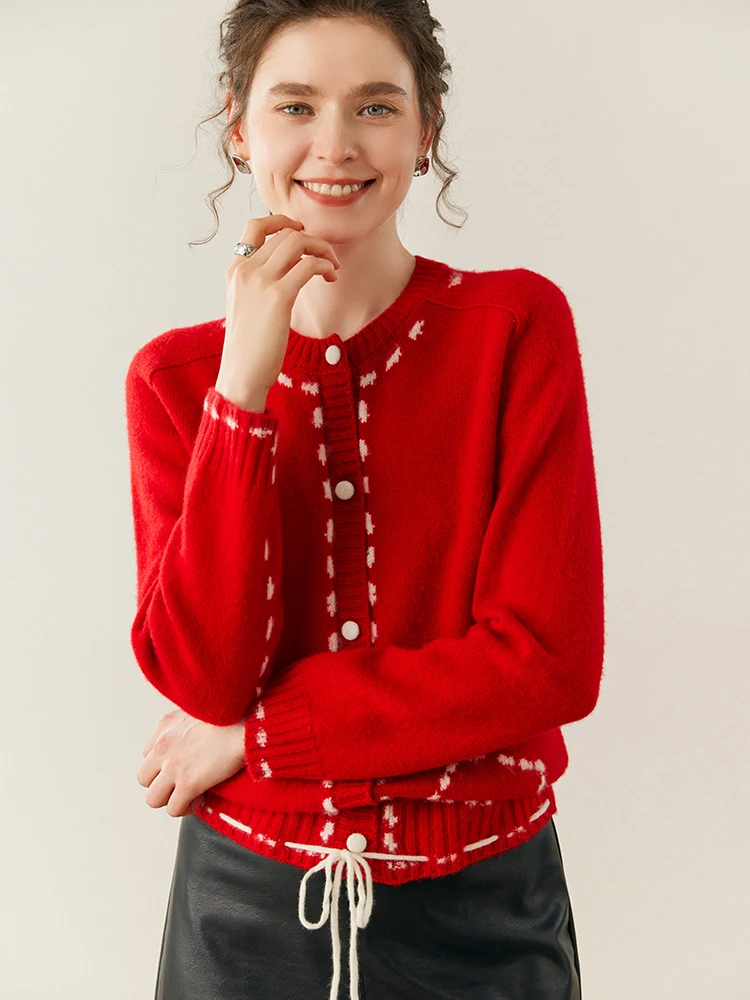 TLOML 여성용 100% 캐시미어 도트 라인 자카드 카디건 오넥 긴 소매 캐시미어 스웨터 가을 겨울 캐주얼 스타일 탑