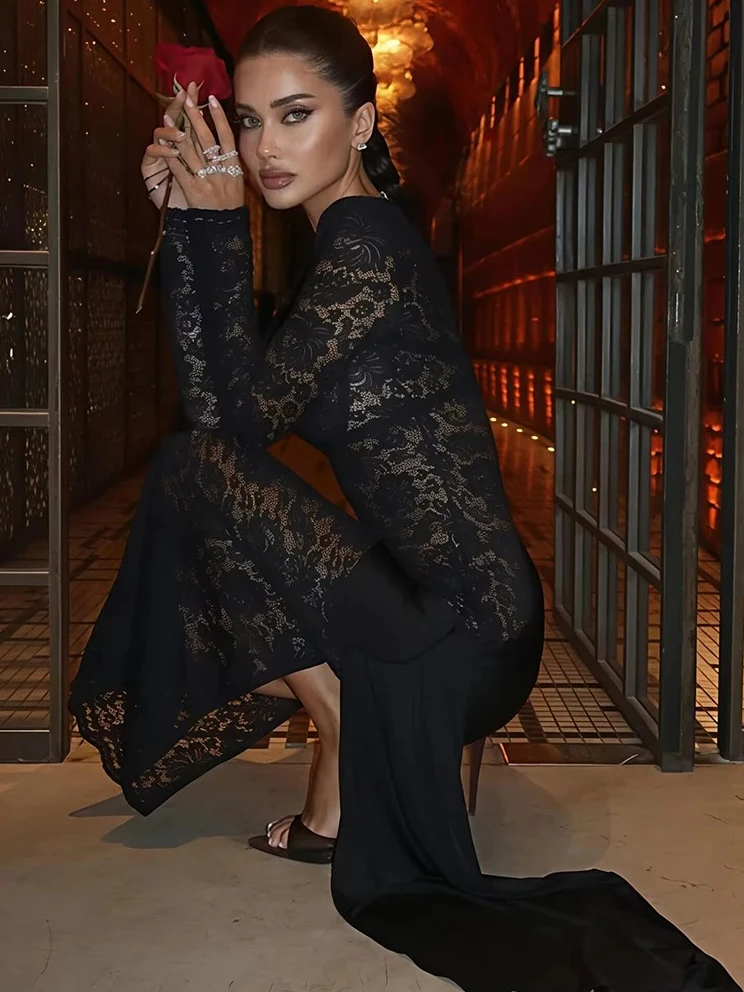 Vestido maxi feminino, vestido bodycon transparente elegante de manga comprida, festa sexy drapeada e franzida, vestidos longos formais de noite