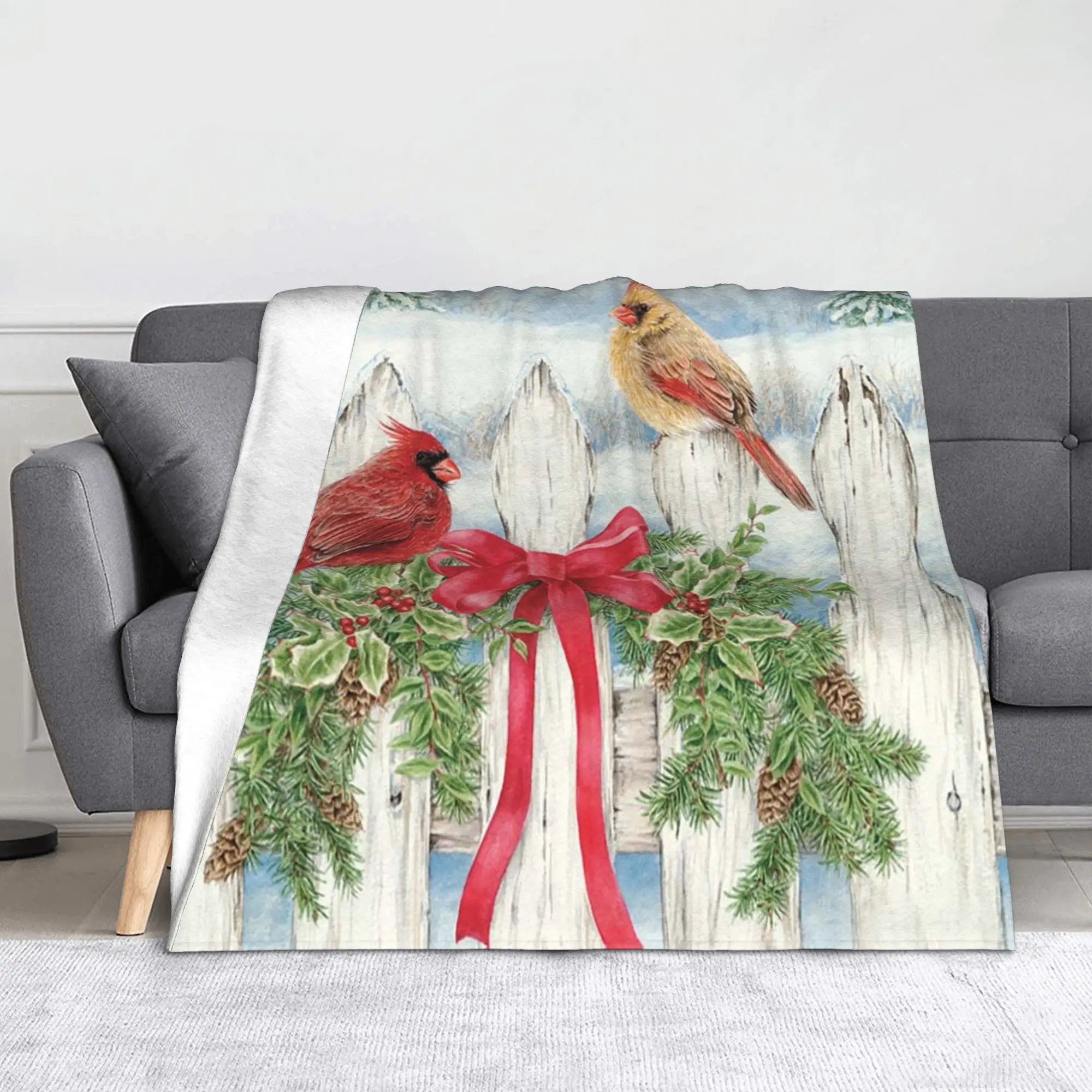 Nordic Holly Fence Blankets Fleece Merry Christmas New Year Ultra-Soft Throw Blankets for Bed Bedspread