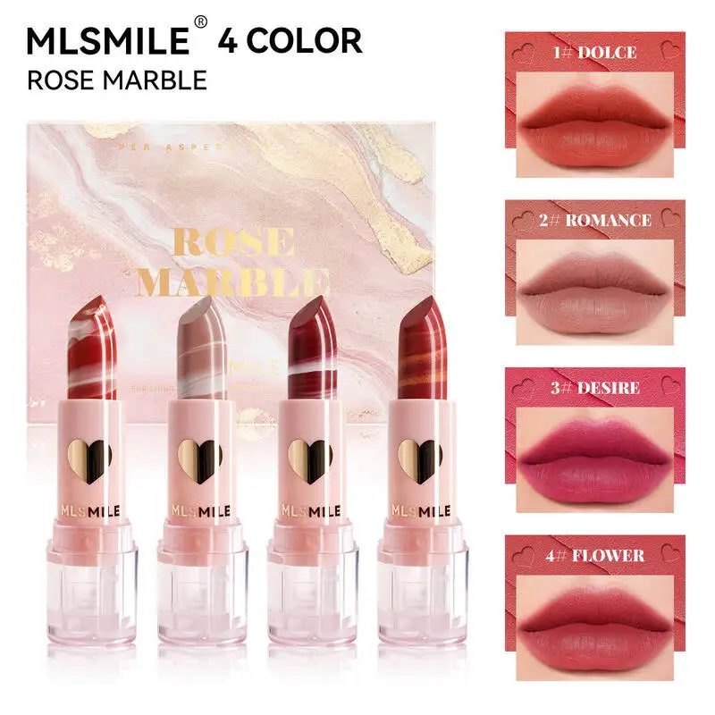 MLSMILE 4-teiliges Lippenstift-Geschenkset mit Marmormuster, samtig, matt, feuchtigkeitsspendend, einfach aufzutragender Lippenbalsam, 2025, neu
