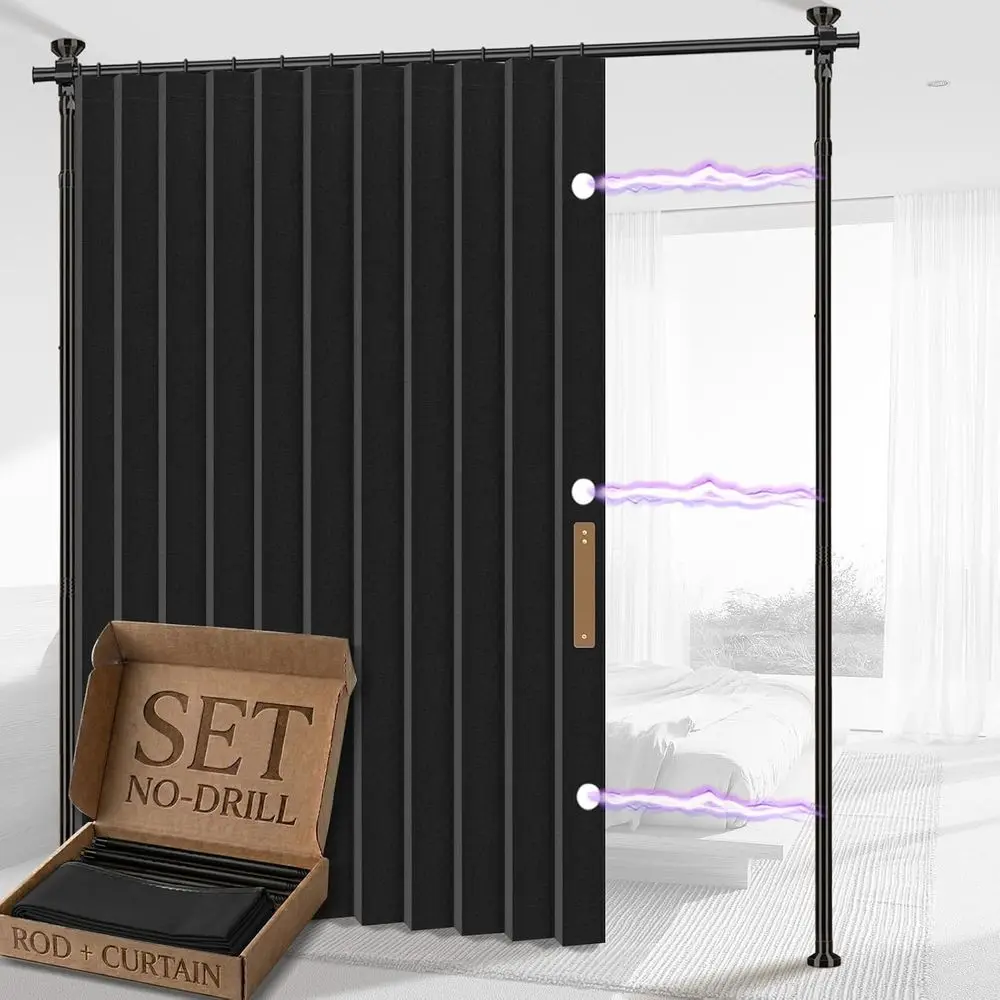 Black Room Divider Curtain (100x84, 1 Panel) + Tension Rod for Easy Hanging (43-120H x 35-100W)