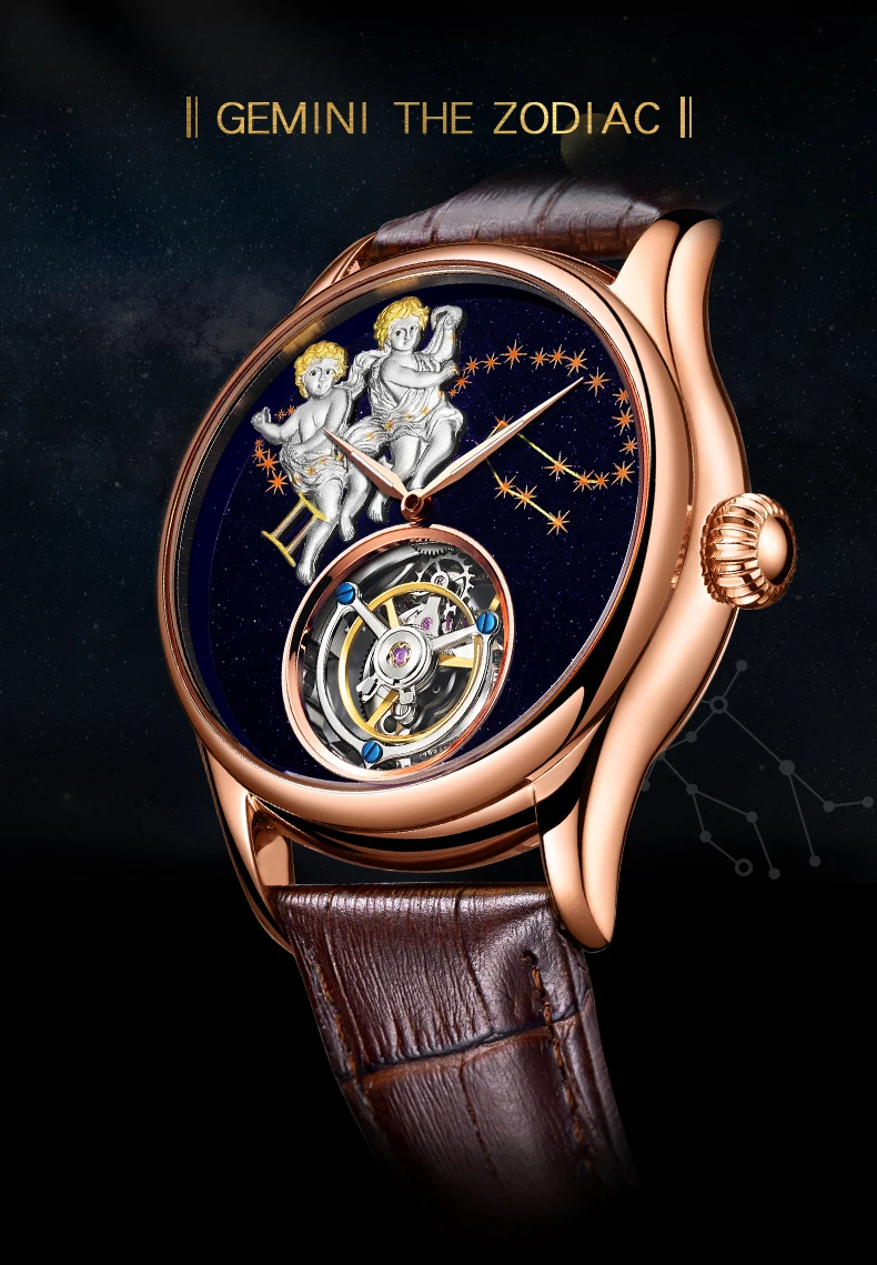 AESOP(manual7003G)Gemini Zodiac Tourbillon Mechanical Watch for Men, 30 meters waterproof life first-grade cowhide strap