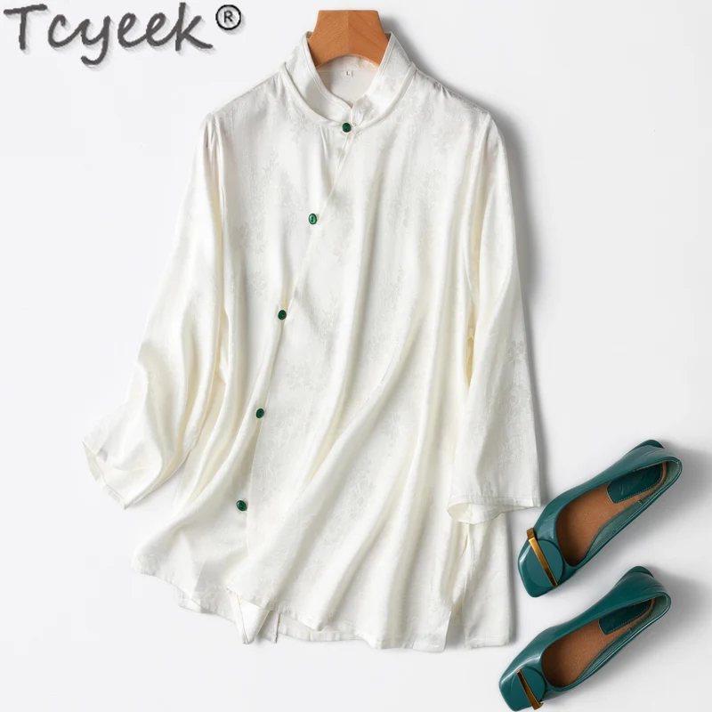 

Tcyeek 20MM 93% Mulberry Silk Shirt Women Chinese Style Shirt Spring Summer Clothes Elegant Womens Shirts 2024 Loose Fit Camisas