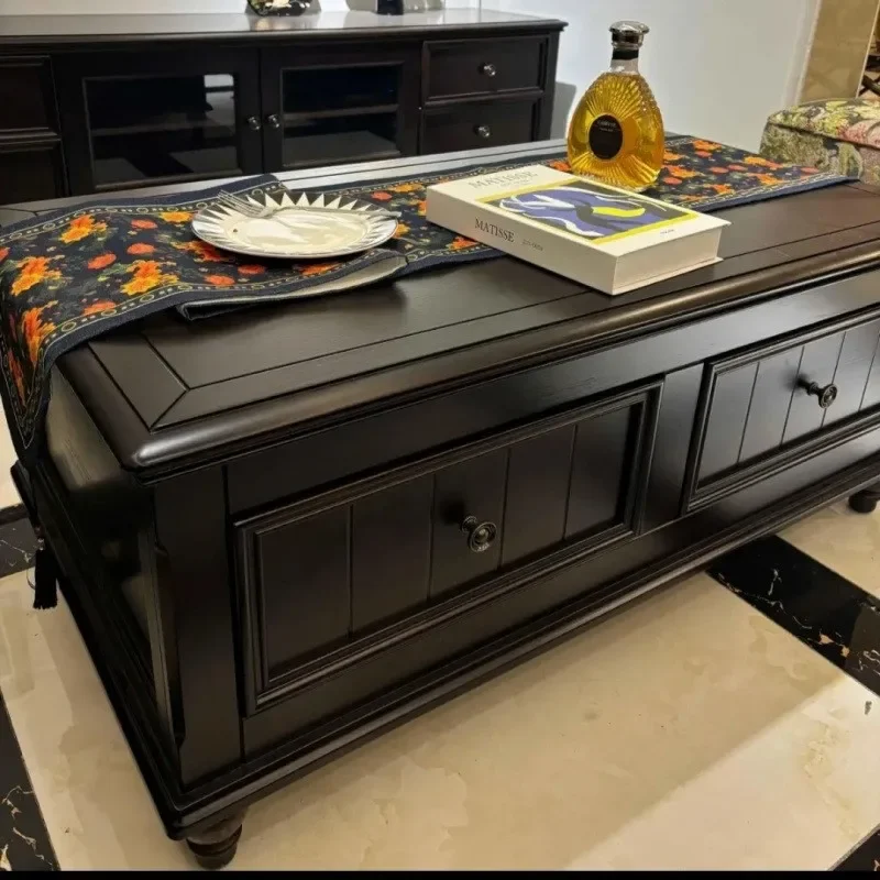 American Solid Wood Country Style Coffee Table Simple White Wax Finish Living Room TV Cabinet Tea Table Retro Small Apartment