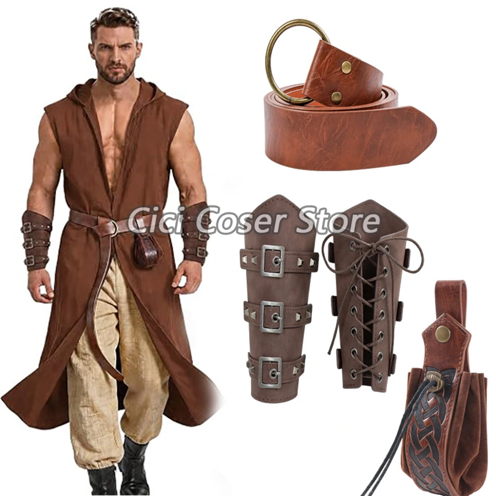Ensemble de ceinture, de brassards et de pochette de taille en cuir synthétique de style médiéval, accessoires de cosplay pour chevaliers vikings et pirates, accessoires de costume de rennaissance pour Halloween.