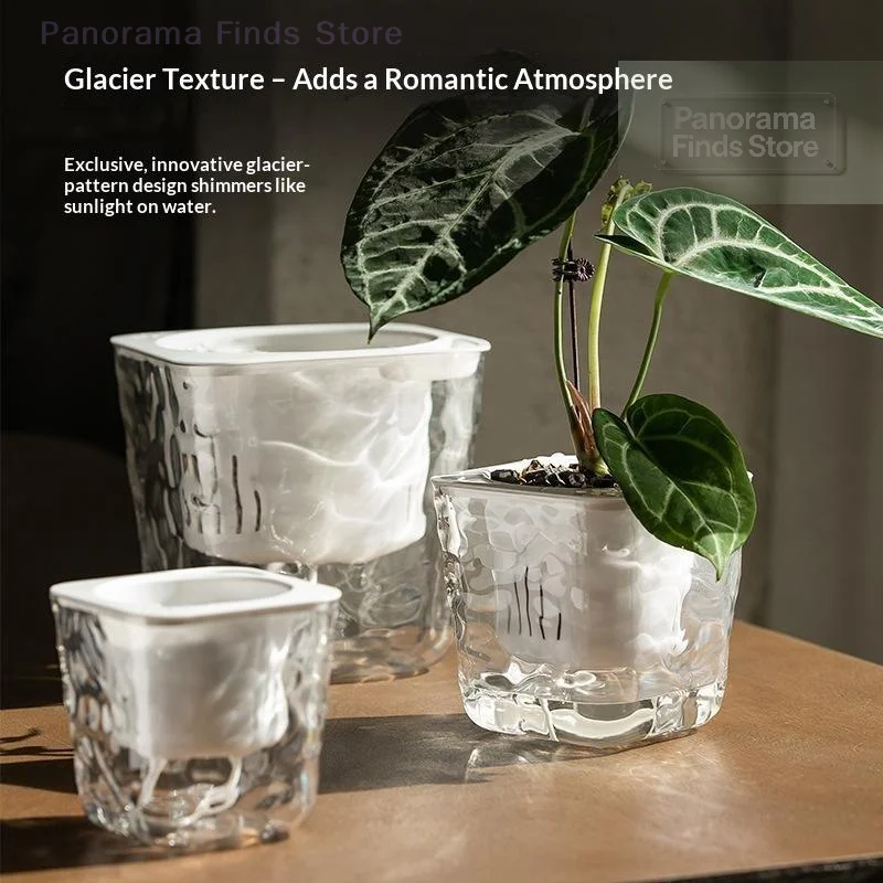 For Indoor Houseplants Home Decor Thickened Clear PET Self Watering Plant Pot Glacier Texture Shatterproof