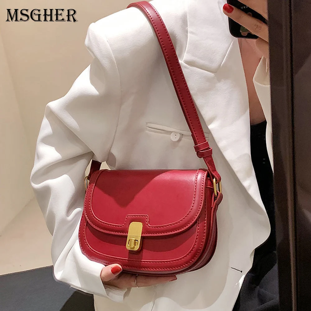 Womens Classy Solid Color Pu Leather Flap Bag Female Vintage Saddle Satchel Flap Crossbody Purse Bag