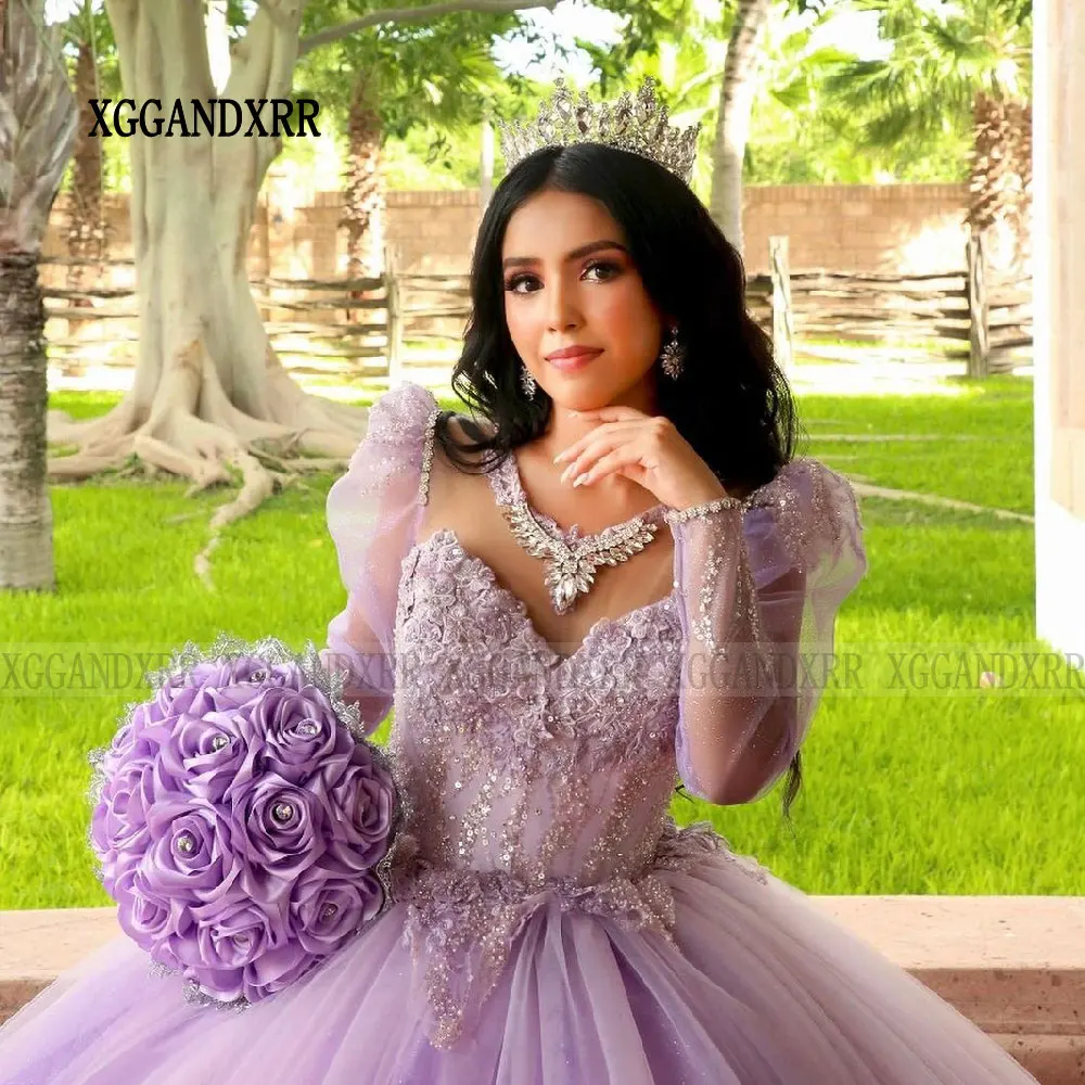 Vestido De princesa para quinceañera, manga larga, apliques De encaje con cuentas De cristal, flor dulce, púrpura, 16, 15 Años, 2024