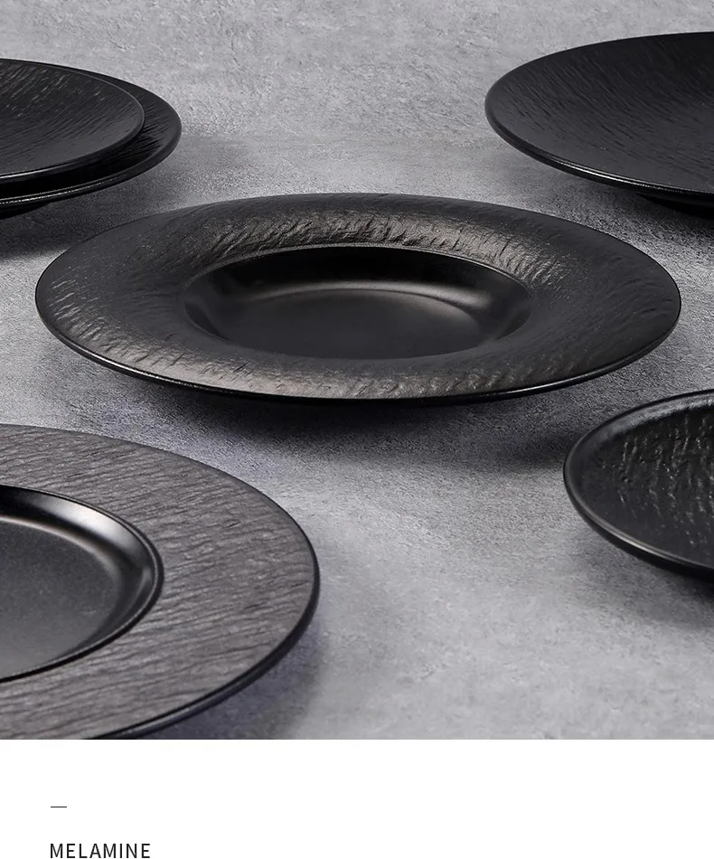 1 Pc Melamine Plate Japanese Plastic Black Disc Fire Western Style Beef Flat Plate Commercial