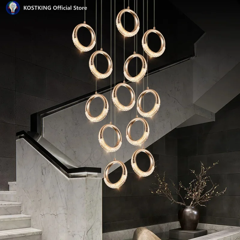 Modern Art Round Electroplating Golden Stairs Chandelier Nordic Living Room Lamps Duplex Loft Lamp Villa Rotating Stair Fixtures