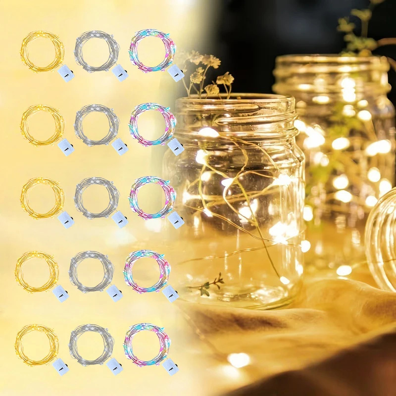 LR44 Battery Powered Copper Wire String Lights, 3 Modes, Warm White White Multicolor, 1M10LED-5M50LED for Bedroom Party Decor