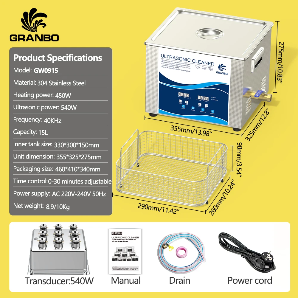 

Digital Ultrasoinc Cleaner 15L 360W/540W With Heater Degas Semiwave Ultrasonic Cleanig Machine for Auto Parts Lab instruments