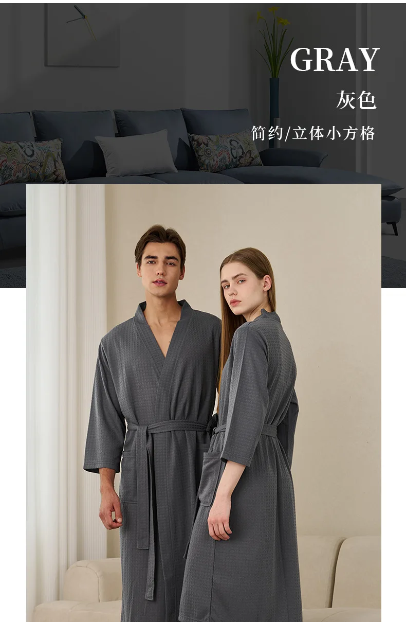 Herren Waffelstrick-Bademantel, Leichter Weicher Spa-Bademantel mit Taschen & Gürtel, Atmungsaktiver Saugfähiger Waffel-Kimono, Schlafbekleidung für Zuhause – Detail 11