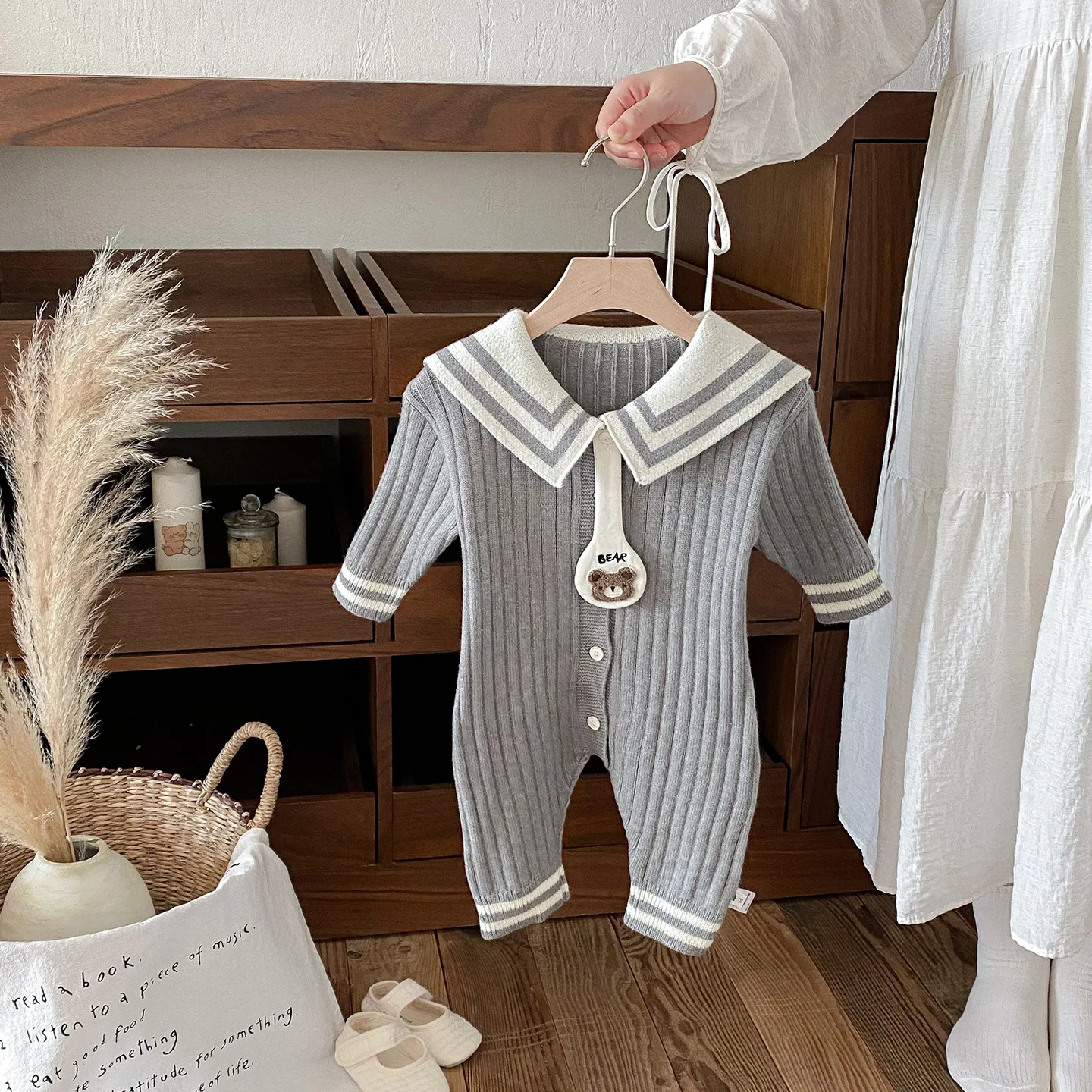 

Autumn Baby Girl Girl Bear Romper Sailor Collar Newborn Girl One-piece Jumpsuit Knit Toddler Boy Bodysuits Homewear Kid Overalls