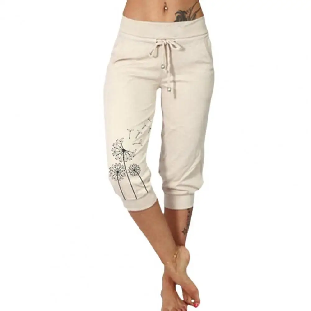 Summer Women Cropped Pants Drawstring Waist Harem Pants with Pocket Dandelion Print Casual Sporty Women Trousers