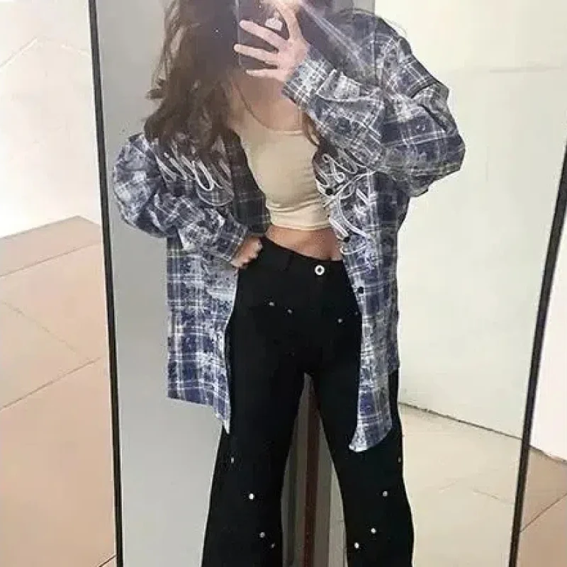Letter Printing Long Sleeve Turn-down Collar Plaid Contrast Color Button Up Cardigan Shirt Coats Casual Office Lady Chic Tops image 2