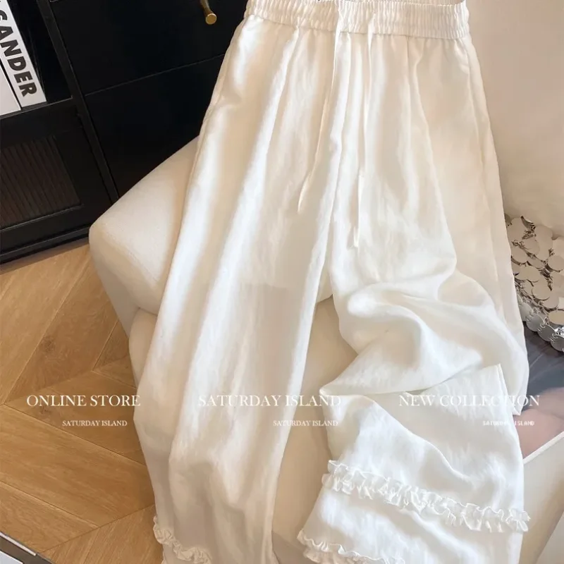 

French Gentle Style Trouser Hems with Fungus Hems Wide-leg Pants Women New Summer Drawstring Elastic High-waisted Straight Pants