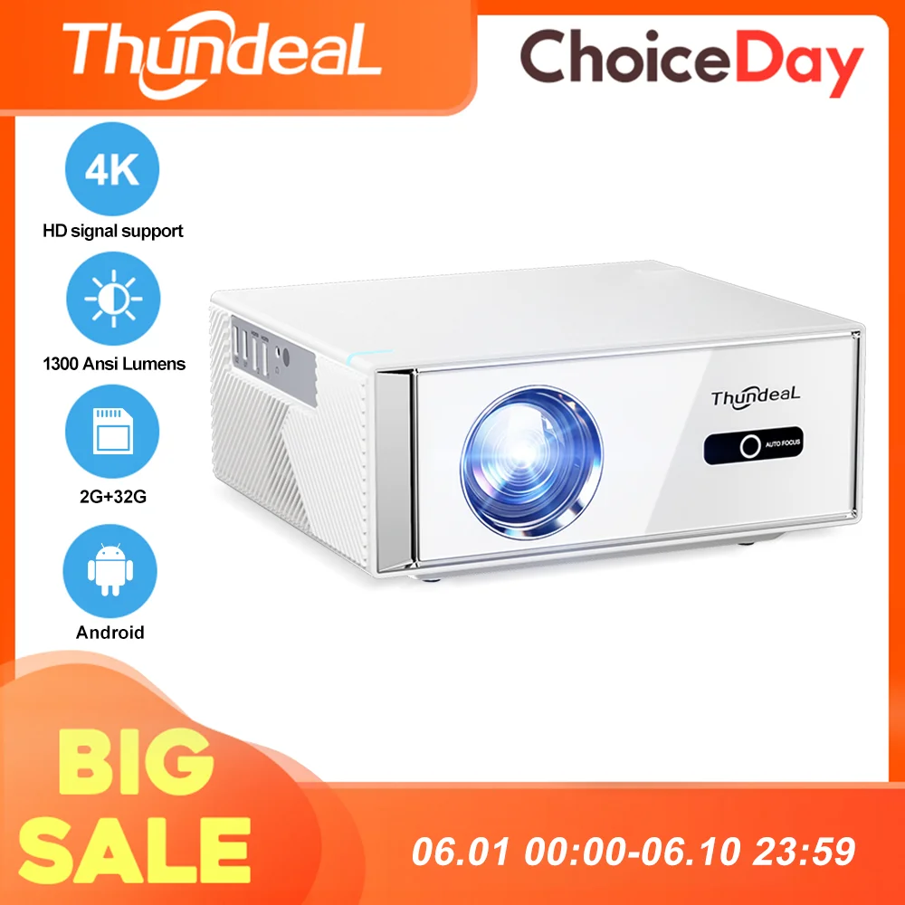 Projecteur Android ThundeaL TD95W 2 Go 32 Go 1080P Full HD Compatible 4K WiFi 5G Bluetooth pour Home Cinéma et Réunions en Extérieur