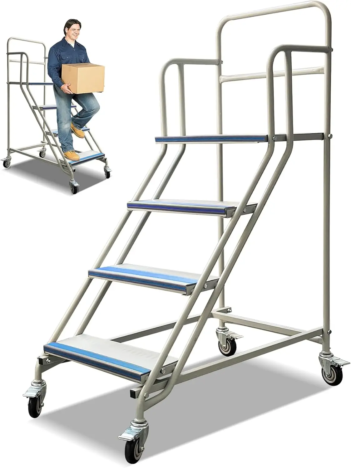 Stairs with Wheels, Industrial & Warehouse 4-Step Stairs, Non-Slip Rolling Steps with Stair Edge Protector, Easy to Move Rolling