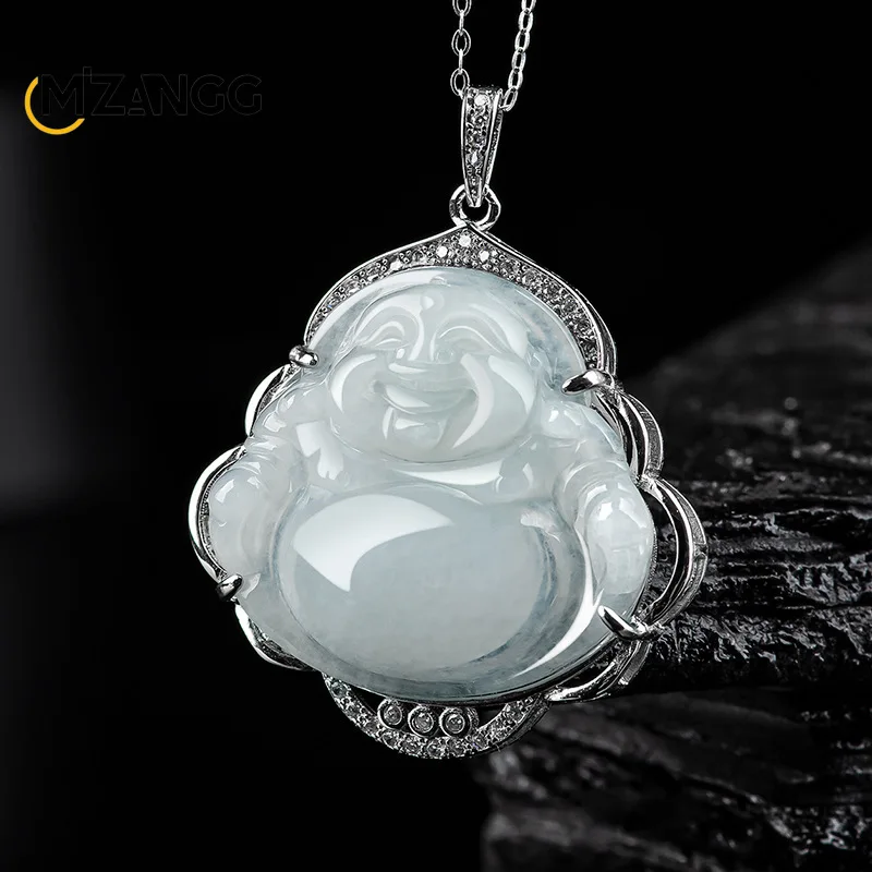 

Natural Jade Maitreya Buddha Pendant S925 Silver Setting Hand-Carved Exquisite Ice-Type Jade Necklace Men's and Women's Gift