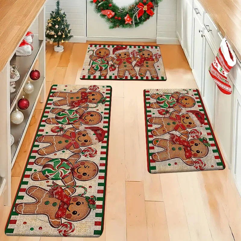 Burlap Texture Gingerbread Man Kitchen Runner Carpet 1/2/3pcs Stripe Edge Winter Christmas Floor Mat Corridor Home Doormat