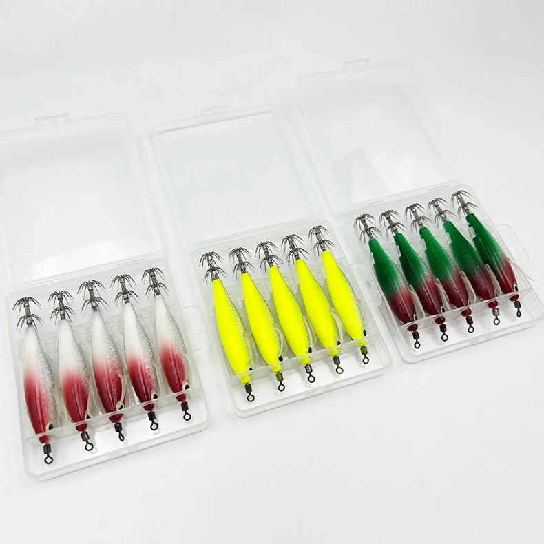 ShareShark 5 Stück/Box Tintenfisch-Jig-Köder 8cm 5,6g UV-Leuchtender Garnelenköder Horizontaler Kunstköder für Tintenfische, Oktopus, Salzwasser – Detail 3