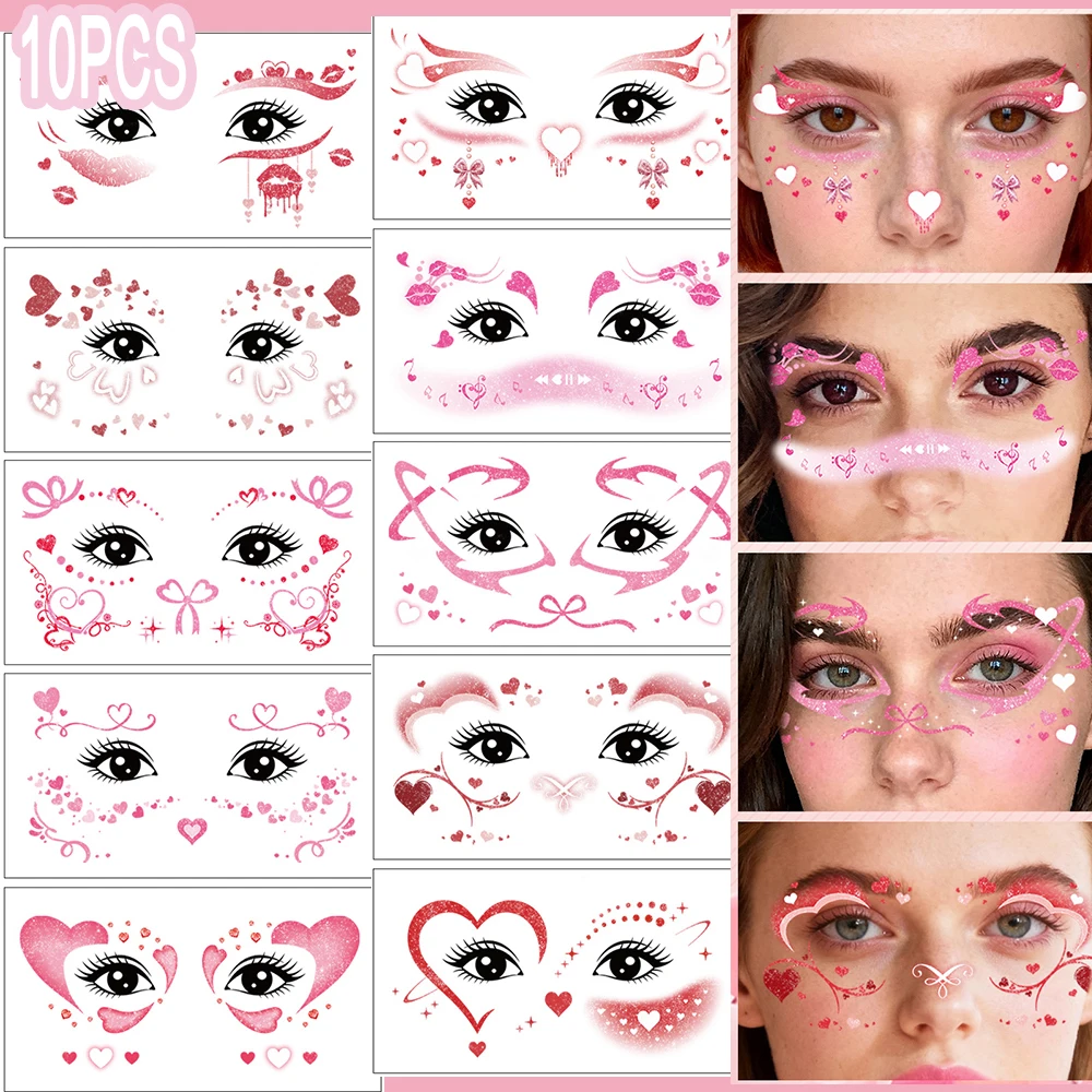 

10PC 3D Glitter Heart Bowknot Face Temporary Tattoo Sticker Valentines Music Concert Waterproof Makeu Decal Body Art Fake Tattoo