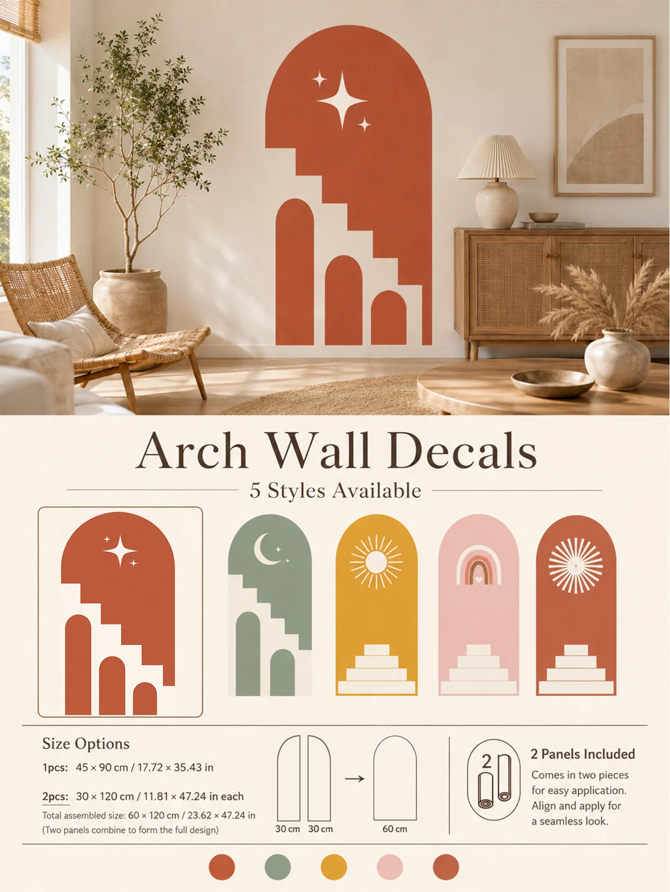 Boho Arch Stair Wall Decal, Vinyl Peel and Stick Removable DIY Decor for Partition, Cabinet, Entryway, Panel