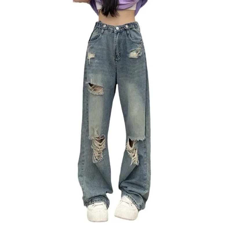 

Широкие джинсы, эластичные джинсы с высокой талией и эластичной резинкой на талии, мешковатые рваные широкие джинсы, новый свободный вид, узкие женские ретро-женские джинсы