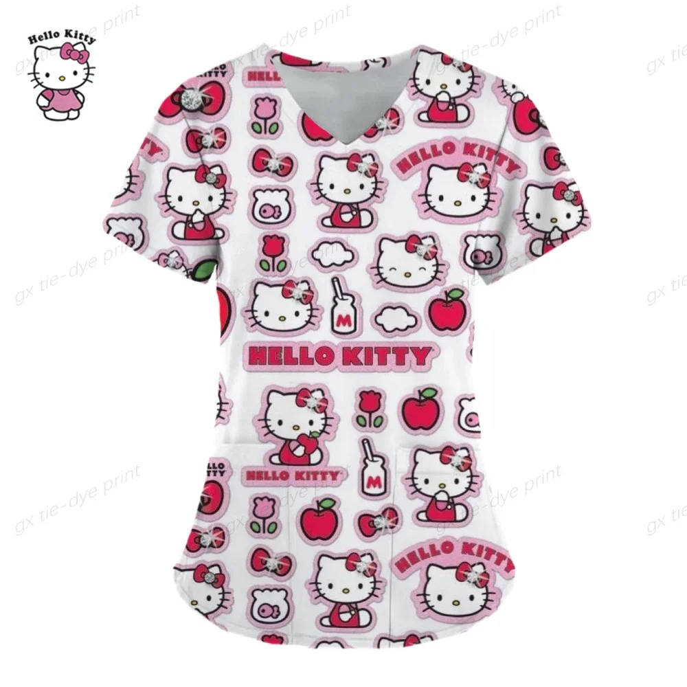Uniforme da infermiera alla moda da donna, casual, manica corta, Hello Kitty, uniforme da lavoro, tasca, top, uniformi mediche infermieristiche