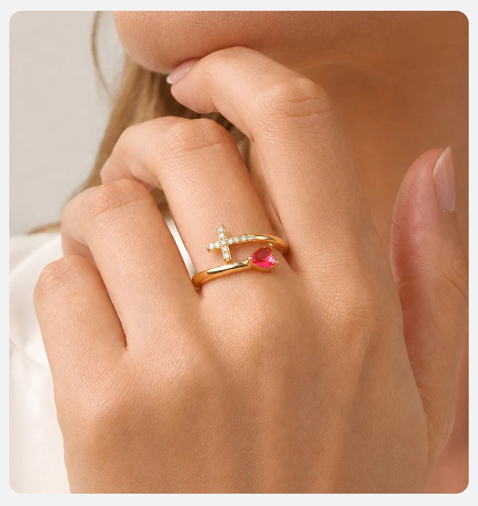 Vnox Vergoldeter Herzring mit AAA-Zirkonia für Damen, Einzigartiges Design, Glänzende Bunte Kristalle, Kreuzring, Romantischer Religiöser Schmuck – Detail 4