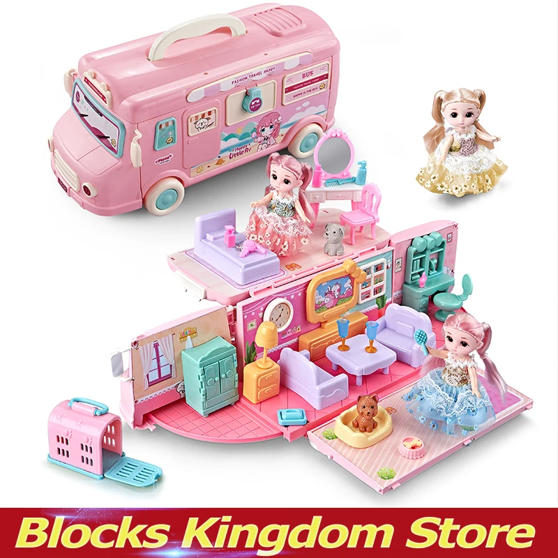 

Dollhouse Portable Princess Set Storage DIY Camper Bus Car Toy Kit Travel Dream Houses Girl Exquisite Castle Children's Gifts