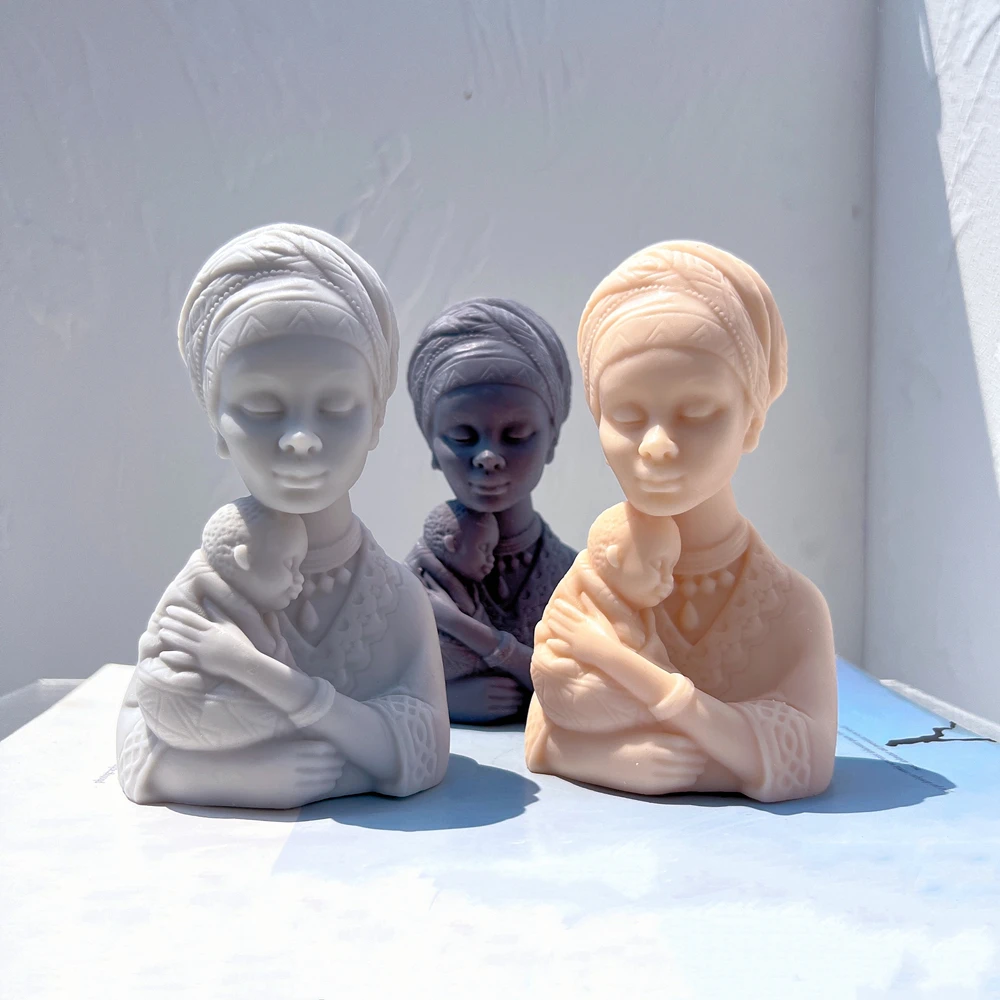 Afro Women Hold Baby Bust Statue Candle Silicone Mould African Female Figures Candle Mold Beautiful Goddess Black Lady Wax Mold