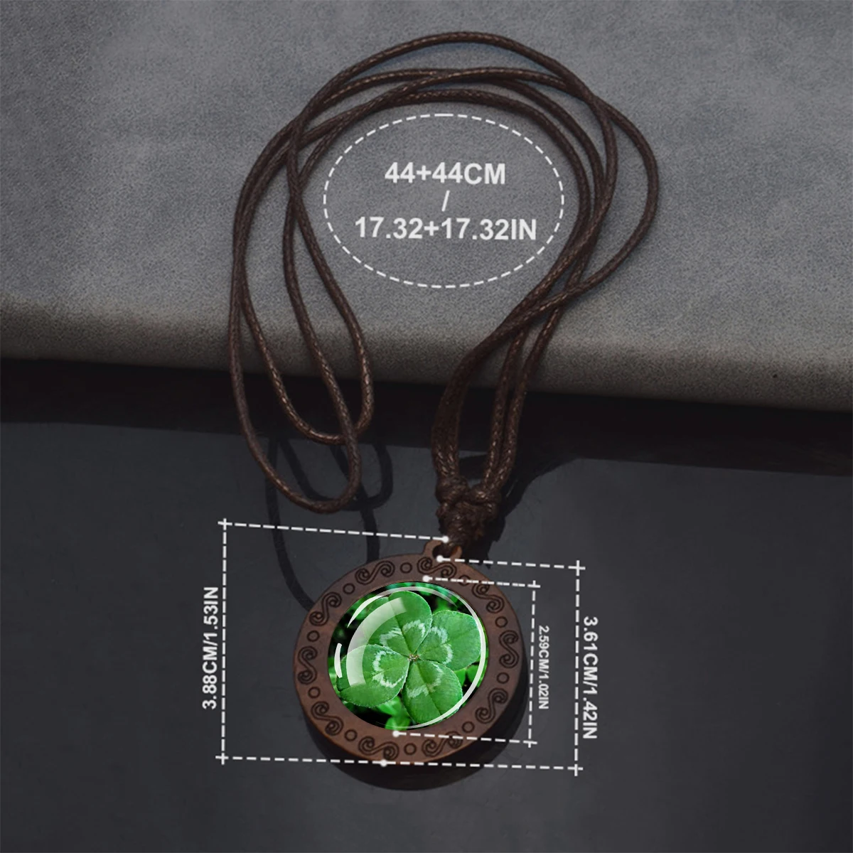 Four Leaf Clover Glass Dome Wooden Pendant Necklace Rope Chain Necklace Retro Jewelry St.Patrick\'s Day Gift