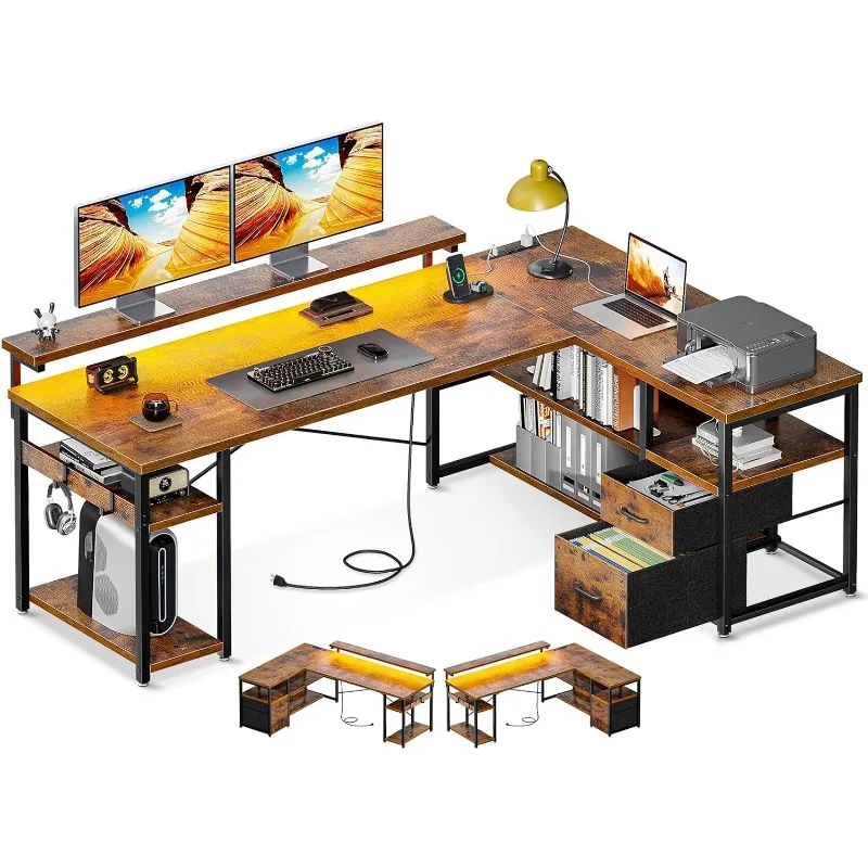 L Shaped Gaming Desk com gavetas de arquivo, mesa do computador reversível com tomadas de energia e luzes LED, Home Office Desk